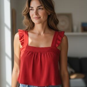 New In Tomato Red Ruffle Strap Crop Top